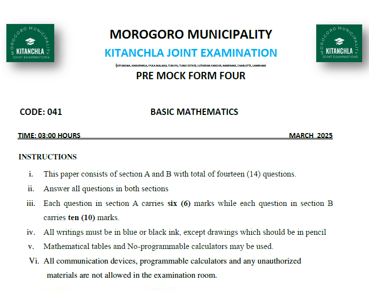 Morogoro (Kitanchla) – Solved Exams | Pre-Mock | Form Four 2025 – (Download Exams with Answers)
