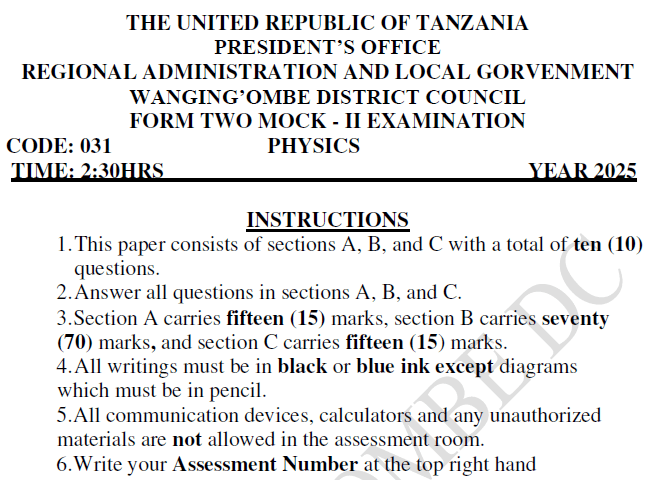Wanging’ombe – Solved Exams | Mock | Form Two 2025 | Download Exams with Answers