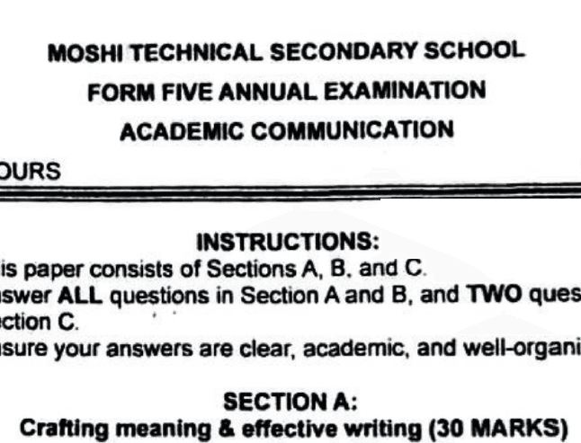 Moshi Technical – Form Five | Annual Exams | 2026 | Download All Subjects