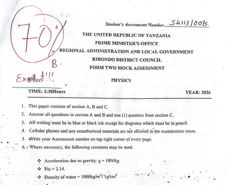Physics – Solved Exam | Form Two – Mock 2026 Kibondo | Download Exam with Answers