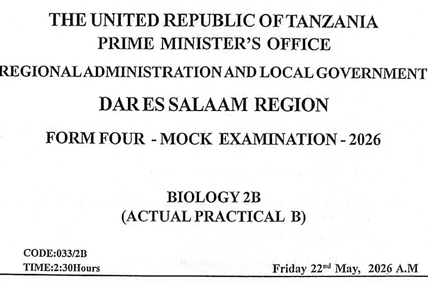 Dar Es Salaam – Form Four | Mock Exams | 2026 | Download All Subjects
