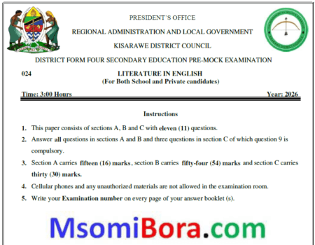 Kisarawe – Form Four | Pre-Mock Exams 2026 | Download All Subjects