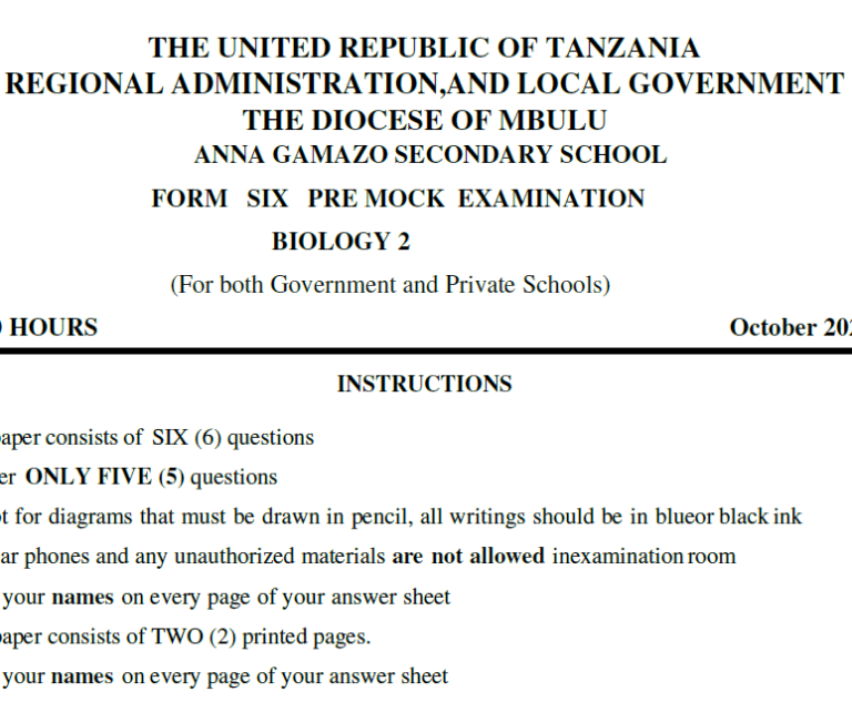 Anna Gamazo – Form Six Exams | Pre-Mock 2026 | Download All Subjects