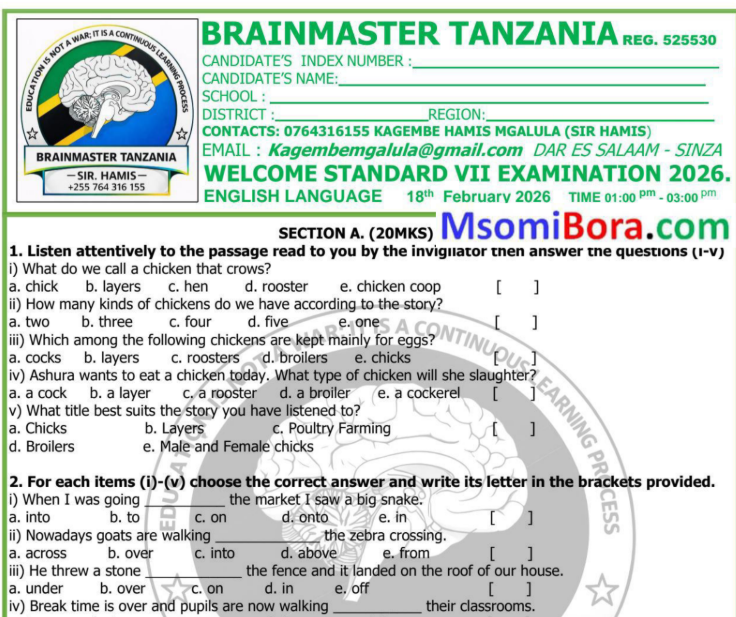 Brainmaster – Mitihani ya Darasa la Saba | February 2026 | Download All Subjects