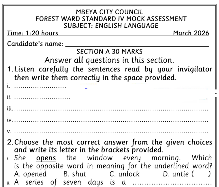 Mbeya City (Forest) – Standard Four | Mock Exams 2026 – Download Solved Exams