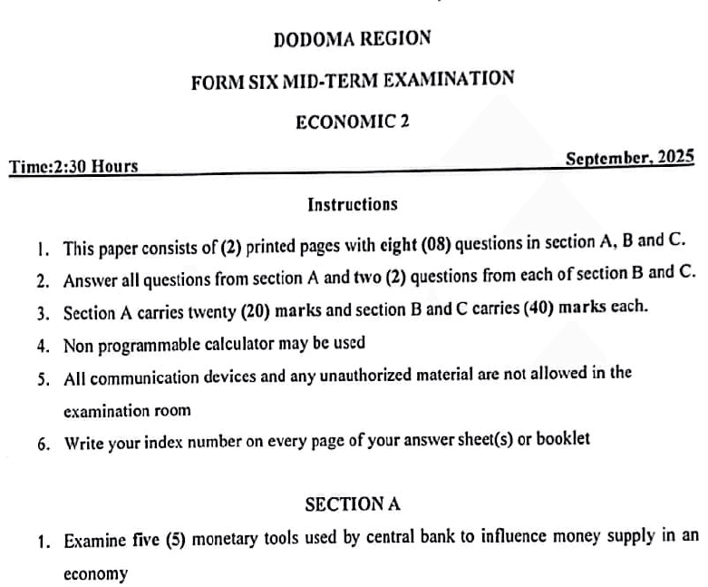 Dodoma – Form Six Exams | Midterm 2025 – 2026 | Download All Subjects