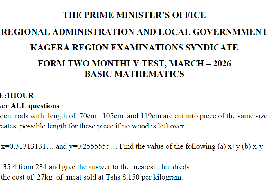 Kagera Exams – Form Two | Monthly – February 2026 | Download All Subjects