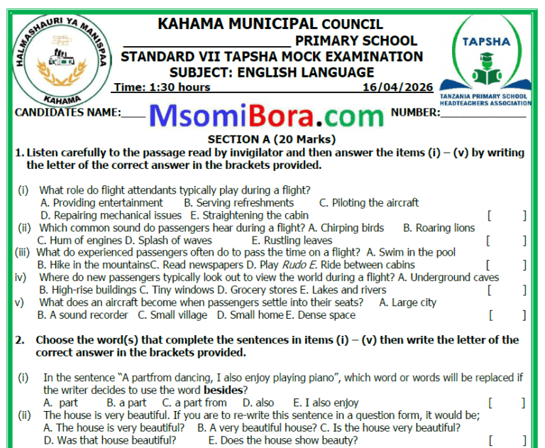 Tapsha (Kahama) – Mitihani ya Darasa la Saba | Mock 2026 – Download All Subjects