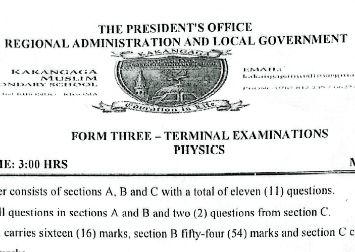 Physics – Solved Exam | Form Three – Terminal 2026 Kibondo | Download Exam with Answers