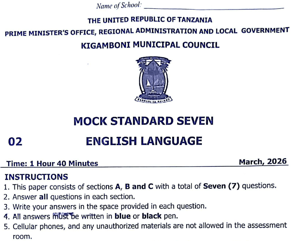 Kigamboni – Standard Seven | Mock Exams 2026 – Download All Subjects