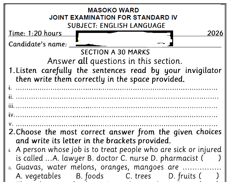 Masoko Ward – Mitihani ya Darasa la Nne | March 2026 – Download Solved Exams