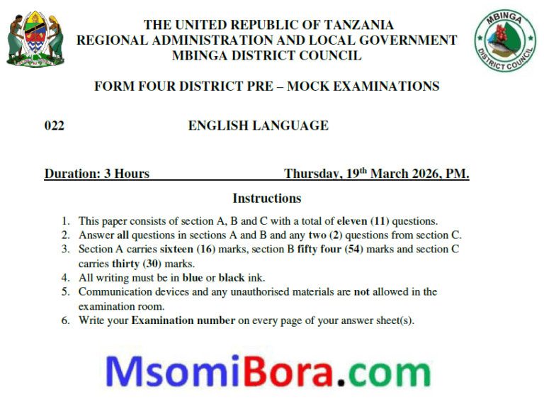 Mbinga – Form Four | Pre-Mock Exams 2026 | Download All Subjects