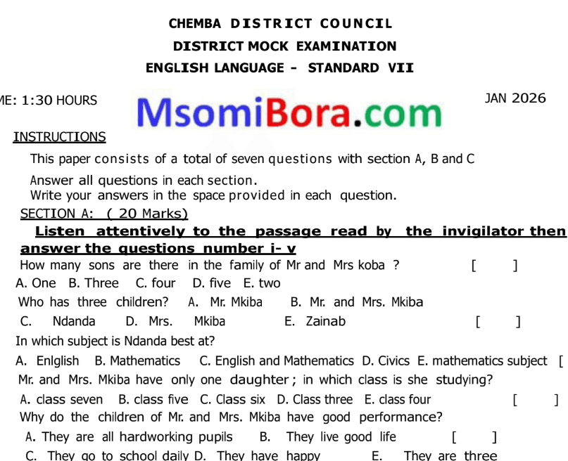 Mbogwe – Mitihani ya Darasa la Saba | Mock 2026 – Download All Subjects