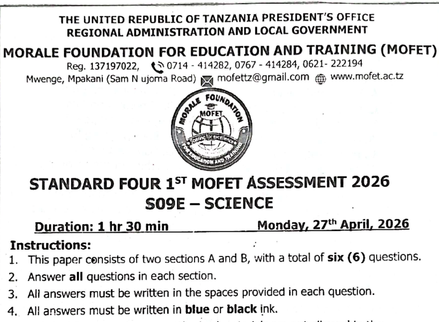 Mofet – Standard Four Exams | April 2026 – Download All Subjects