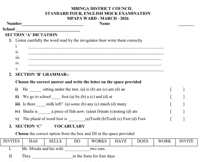 Mpapa (Mbinga) – Mitihani ya Darasa la Nne | Mock 2026 – Download All Subjects
