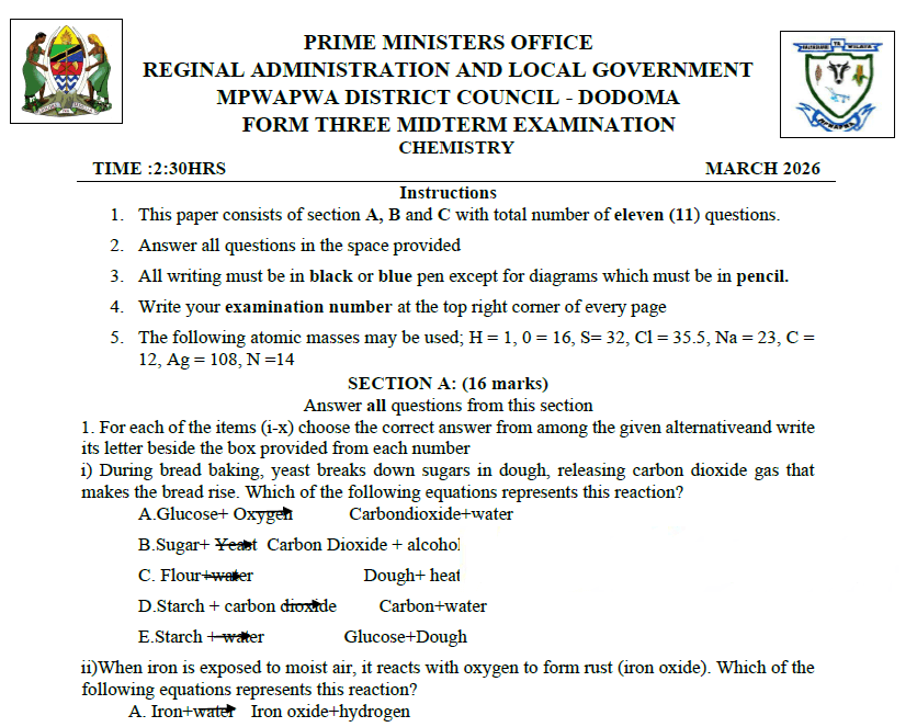 Mpwapwa Exams – Form Three | Midterm – March 2026 – Download All Subjects