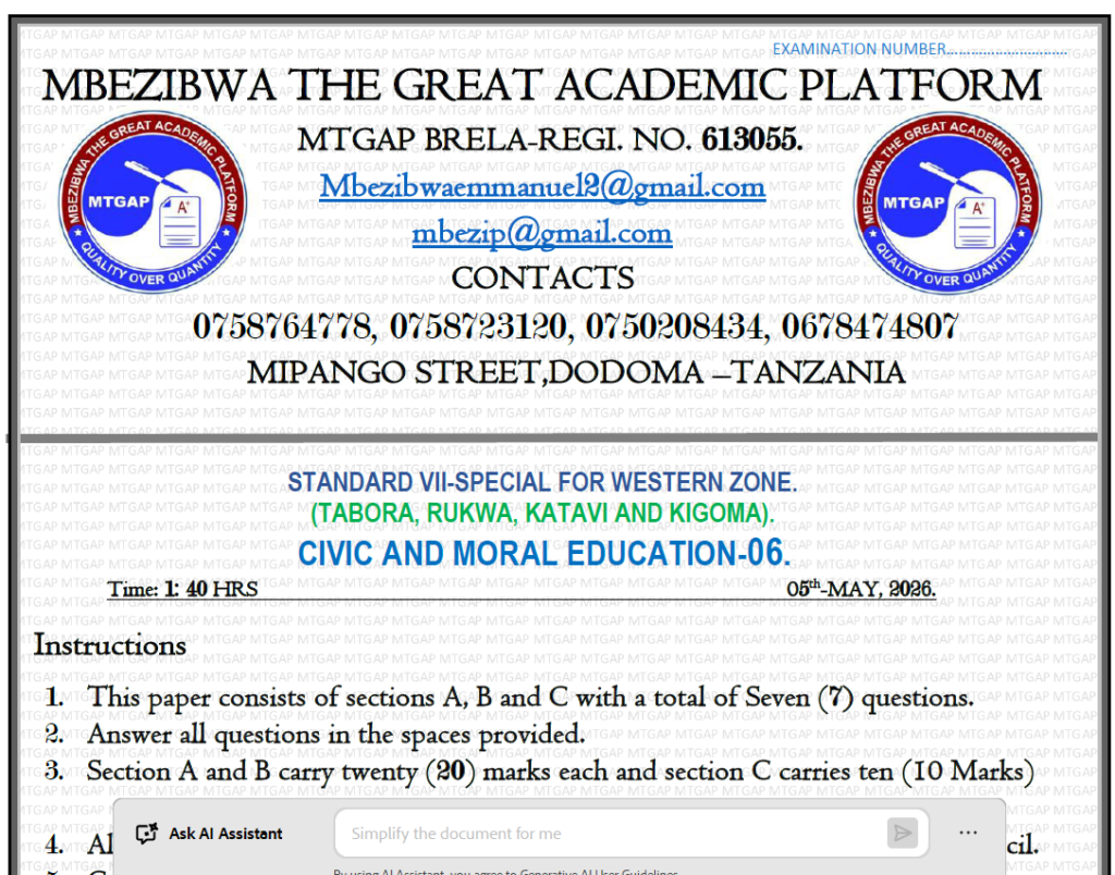 Mbezibwa (Mtgap) – Standard Seven Exams | May 2026 – Download All Subjects