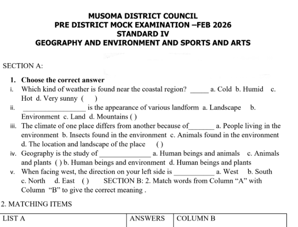 Musoma – Standard Four | Pre-Mock Exams February 2026 – Download Solved Exams (English & Swahili Medium)
