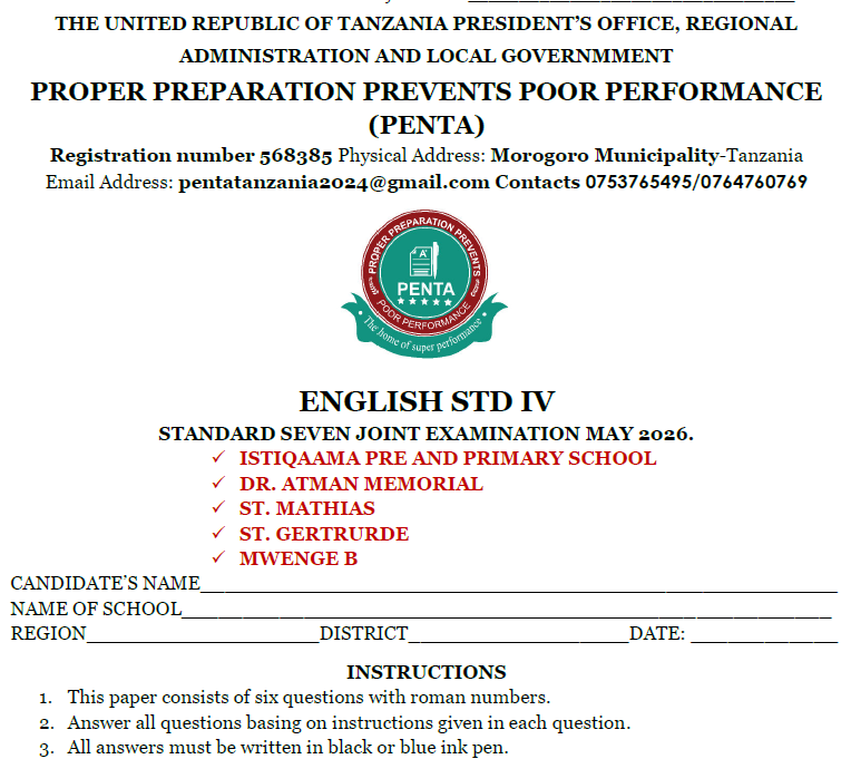 Penta – Standard Four Exams | May 2026 – Download All Subjects
