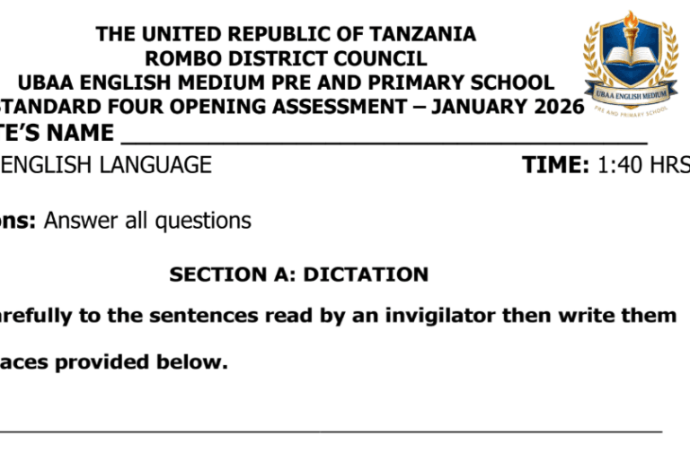 Rombo (Ubaa) – Standard Four Exams | January 2026 – Download All Subjects