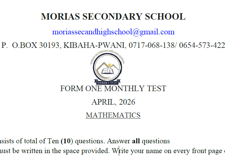 Morias Exams – Form One | Midterm – April 2026 – Download All Subjects