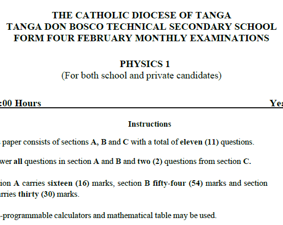 Tanga (Don Bosco) – Form Four | Monthly Exams – February 2026 | Download All Subjects
