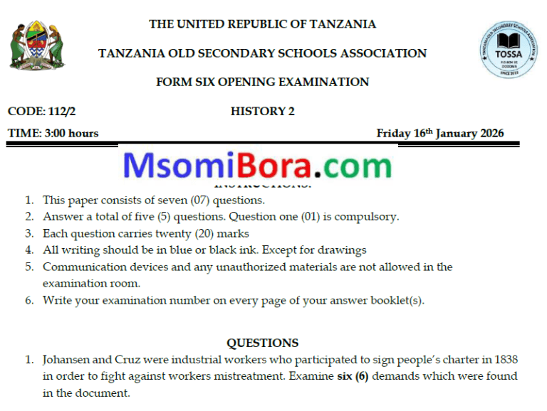 Tossa – Form Six | Opening Exams – January 2026 | Download All Subjects
