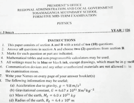 Tosamaganga – Form Five | Midterm Exams – March 2026 | Download All Subjects