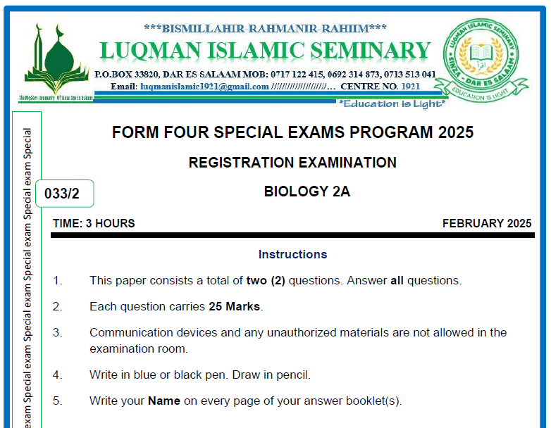 Luqman Special – Form Four Exams | February 2025 – Download All Subjects