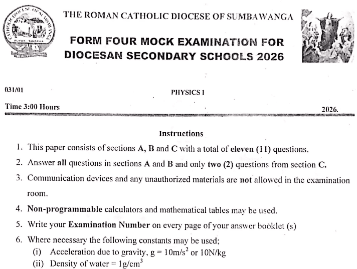 Sumbawanga – Form Four | Mock Exams 2026 | Download All Subjects | Diocesan Catholic Schools