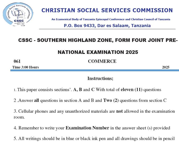 Cssc Southern Zone – Form Four | Pre-Necta Exams 2025 | Download All Subjects