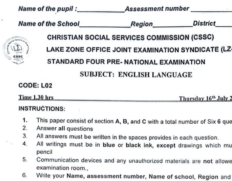 Cssc – Lake Zone | Standard Four | Pre-Necta 2026 – Download All Subjects
