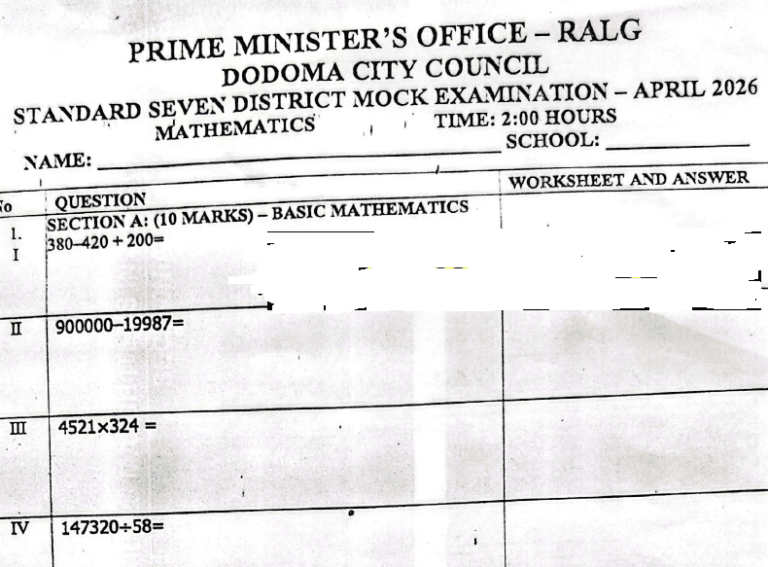 Dodoma – Standard Seven | Mock Exams – April 2026 – Download All Subjects