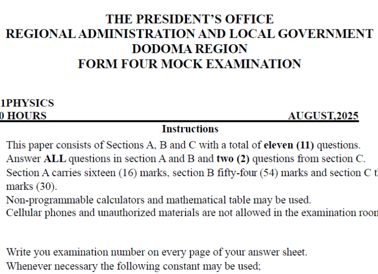 Dodoma – Form Four | Mock Exams – August 2025 | Download All Subjects