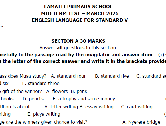 Lamaiti – Mitihani ya Darasa la Tatu | Midterm – March 2026 | Download Solved Exams