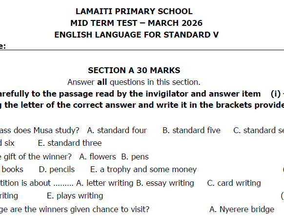 Lamaiti – Mitihani ya Darasa la Tano | Midterm – March 2026 | Download Solved Exams