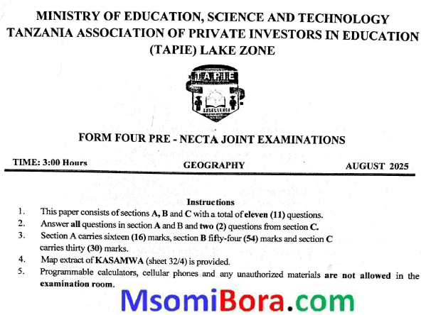 Lake Zone (Tapie) – Form Four | Pre-Necta Exams 2025 | Download All Subjects