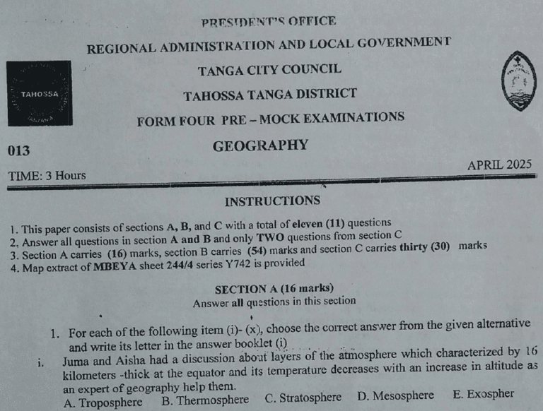 Tahossa (Tanga) – Form Four | Pre-Mock Exams 2025 | Download All Subjects
