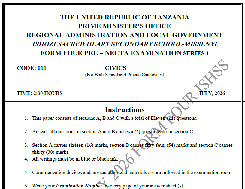 Ishozi Sacred Heart – Form Four | Pre-Necta Exams 2026 | Download All Subjects