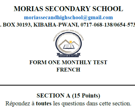 Morias – Form One | Monthly Exams – July 2026 | Download All Subjects