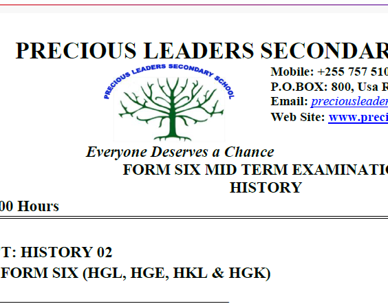 History – Form Six | Midterm Exam | Precious Leaders Secondary School | Free Download